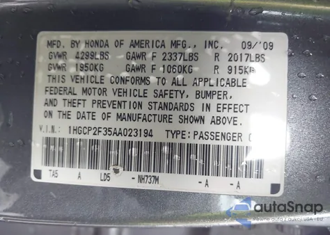 2010 Honda Accord 2.4 Lx из США, поврежденный, VIN 1HGCP2F35AA023194